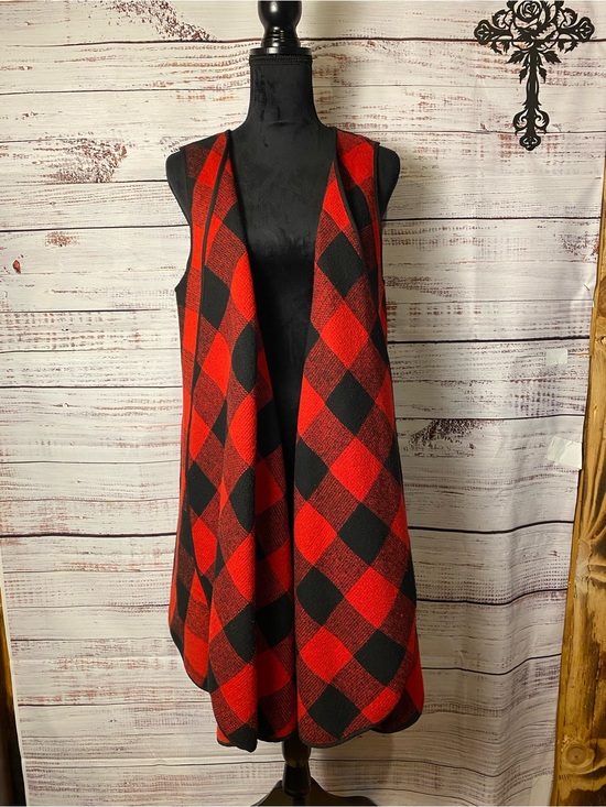 Chloe Jackets & Blazers - Chloe Red and Black Buffalo Plaid Open Front Vest Sz-L